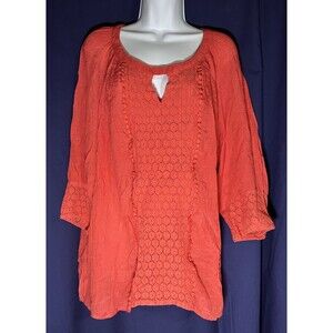Zac & Rachel Women's Coral Orange Tunic Top Plus Size 1X Roll Tab Sleeve V-Neck